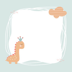 Cute dinosaur with a blot frame in simple cartoon hand-drawn style. Template for your text or photo. Ideal for cards, invitations, party, kindergarten, preschool and children