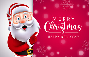 Christmas greeting vector template design. Merry christmas text in red empty space background with santa claus character for xmas celebration card. Vector illustration
