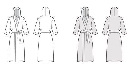 Bathrobes hooded Dressing gown technical fashion illustration with wrap opening, knee length, tie, elbow sleeves. Flat garment apparel front, back, white grey color. Women, men, unisex CAD mockup