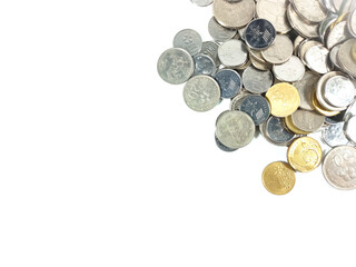 Business and Saving concept. Scattered coins isolated on white background with copy and text space.