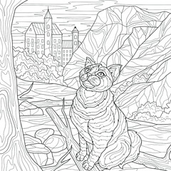 Cat among the mountains.Coloring book antistress for children and adults. Illustration isolated on white background.Zen-tangle style. Hand draw