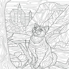 Naklejka premium Cat among the mountains.Coloring book antistress for children and adults. Illustration isolated on white background.Zen-tangle style. Hand draw