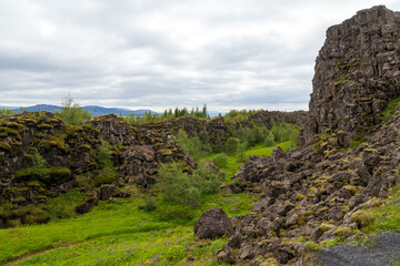 Rainy landscape panorama on rocks in Pingvellir Thingvellir Park in Iceland