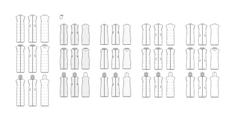 Set of Down vest puffer waistcoat technical fashion illustration with pouch, stand hoody collar, zip-up closure, midi maxi length, quilting. Flat template front, back, white color. Women, men top CAD