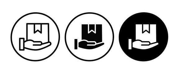 Delivery icon. Hand holding package. Shipment, shipping, courier service concepts icon button, vector, sign, symbol, logo, illustration, editable stroke, flat design style isolated on white