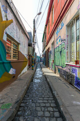 Valparaiso, Chile - August 13, 2019: Colorful buildings of the UNESCO World Heritage city of Valparaiso, Chile