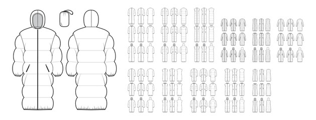 Set of Down vests coats puffer waistcoat technical fashion illustration with pouch, stand hoody collar, oversized, classic narrow wide quilting. Flat front, back, white color. Women men top CAD mockup © Vectoressa