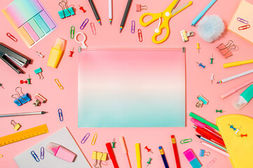 Creative student desk with school supplies and copy space in center on gradinet document case. Top...