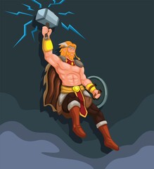 Thor god thunder with lightning hammer flying character illustration vector - obrazy, fototapety, plakaty