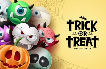 Tragetasche Halloween character vector background design. Happy halloween trick or treat text with scary, spooky and creepy mascot characters in cute facial expression. Vector illustration © AmazeinDesign