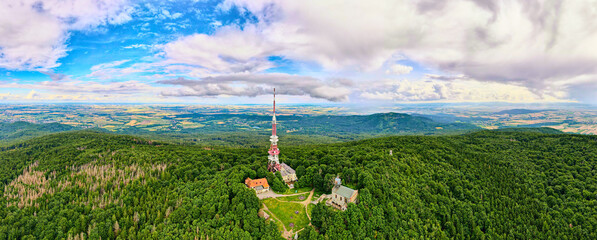 Aerial view of beautiful landscape in Mountains with forest. Sleza mountain near Wroclaw in Poland. Nature background