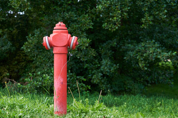 Fototapeta na wymiar Red fire hydrant in city park, close up. Preventive measures against urban fires