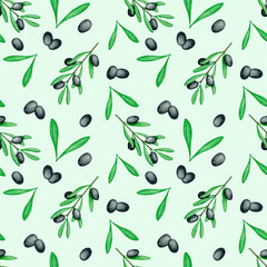 Black olives branch fabric. Watercolor Botanical seamless pattern. 