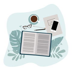 Cup of coffee, open book, notebook, glasses on abstract background. Work, educations, reading concept.