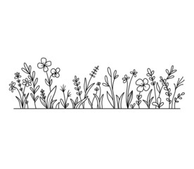 Vector wild herbs and flowers silhouette background. Field with grass and wildflowers isolated on white. - obrazy, fototapety, plakaty