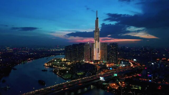 Ho Chi Minh City Sunset timelapse, Vietnam - Aerial Drone View