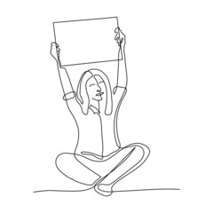 Active person sit and keep banner. One line woman face. Vector Outline art. People protesting and express an opinion