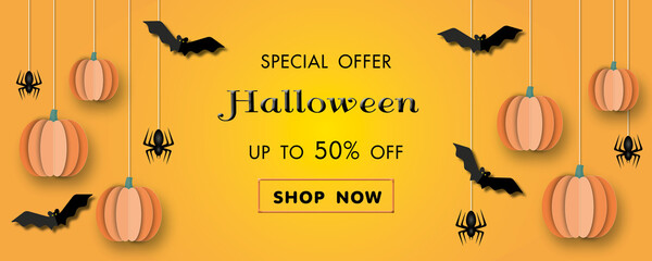 Sale Banner for Happy Halloween holiday with monster on a orange background, suitable for web, poster, flyers, ad, promotions, blogs, social media, marketing, paper cut design style.
