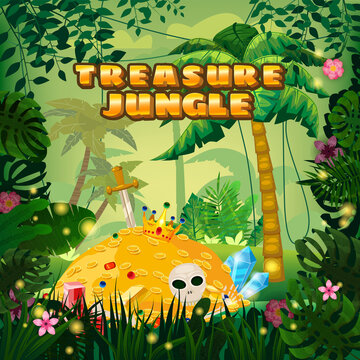 Treasure Jungle, Tropical Rainforest, Pirate pile of gold full of gold coins gems crown sword. Exotic forest palms different exotic plants leaves, flowers, lianas, floral, landscape background. Vector