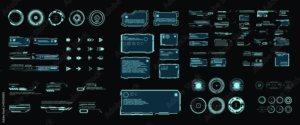 Fototapete Futuristic set of HUD elements, GUI  HUD user interface. Callouts, headers, frames, arrows, pointers, circles, targets, information and dialog boxes. Elements game design in the HUD  style 