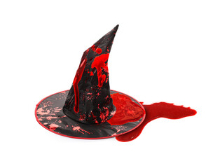 Hat of witch with blood stains on white background. Halloween celebration