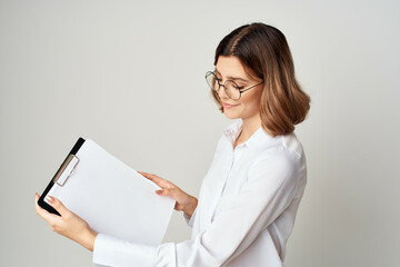 Business woman in white shirt wearing glasses office professional