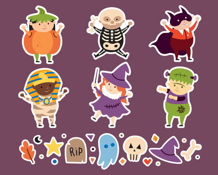 Children in costumes of creepy Halloween creatures, characters. Vampire, witch, skeleton, pumpkin, mummy, frankenstein. Holiday decor. Tomb, ghost, skull, bone. Stickers set isolated on background