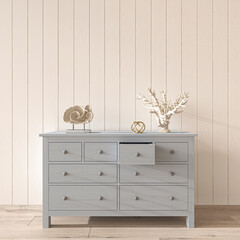 Coastal design room. Mockup wall in cozy home interior background. Hampton style 3d render illustration.