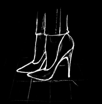 On a black background, a white image of women's feet in high-heeled shoes