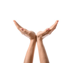 Woman holding something on white background