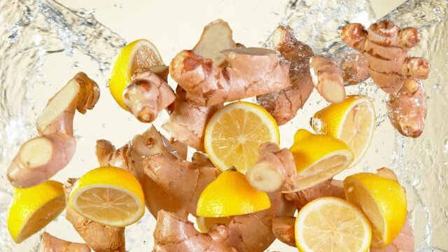 Super Slow Motion Shot of Flying Ginger Cuts, Lomen Slices and Water Side Splash at 1000 fps.