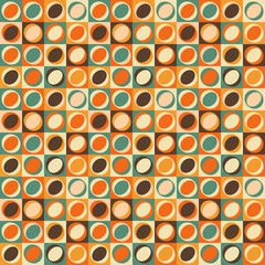 Mid-century modern seamless pattern, geometric shapes in retro colors. Abstract repeating geometry background
