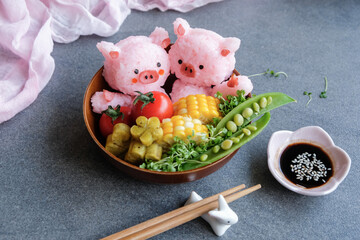 Healthy and delicious homemade Japanese meal. Animated Shaped Onigiri Bowl. Fun and interesting to...