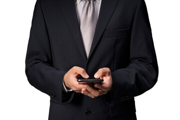 Businessman use smartphone isolated on a white background, Businessman hand isolated on a white background With clipping path.