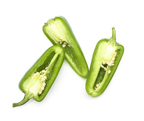 Cut green jalapeno pepper on white background