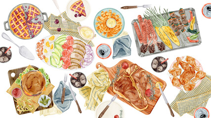 アメリカンな料理を並べたホームパーティー手描き水彩風イラスト