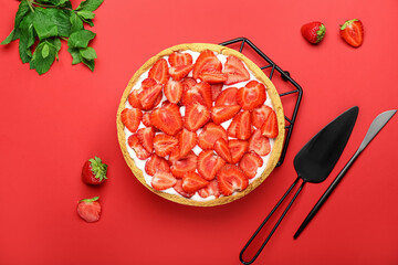 Composition with tasty strawberry pie on color background