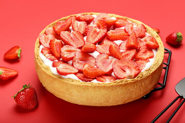 Tasty strawberry pie on color background