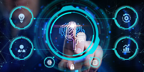 Artificial intelligence (AI), machine learning and modern computer technologies concepts. Business,...