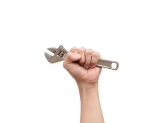 Hand holding adjustable wrench on white isolated background,Labor tool technician