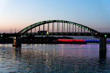 Fototapeta na wymiar Belgrade, Serbia - July 27, 2021: View of the Bridge on the Sava river from Belgrade Waterfront at night