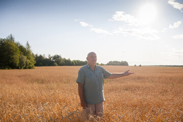 Naklejka na ściany i meble Portrait of elderly male farmer in wheat field