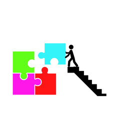 man comlete puzzle on the stairs.