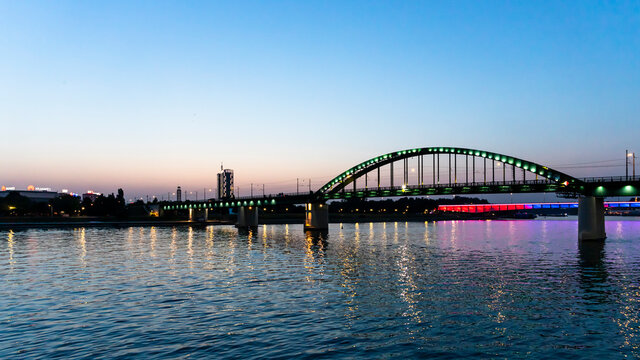 Belgrade, Serbia -  July 27, 2021: View of the Bridge on the Sava river from Belgrade Waterfront at night