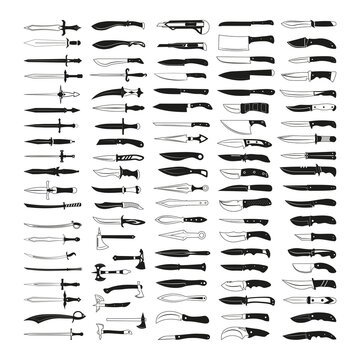 Collection of black silhouettes of steel arms and knives. Icons for creating tattoos, prints, stickers.