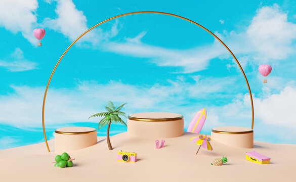 cylinder stage podium empty with surfboard,beach,palm,coconut tree,island,camera,umbrella,suitcase,sandals isolated on blue sky background,shopping summer sale concept,3d illustration or 3d render