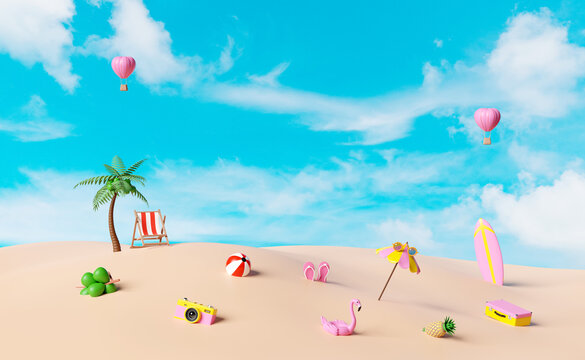 summer travel with suitcase, beach chair,island,camera,umbrella,Inflatable flamingo,coconut tree,sandals,surfboard,cloud isolated on blue sky background, concept 3d illustration or 3d render