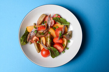 Vegetable salad made of tomatoes and fish slices, served in a white plate over pastel blue background.