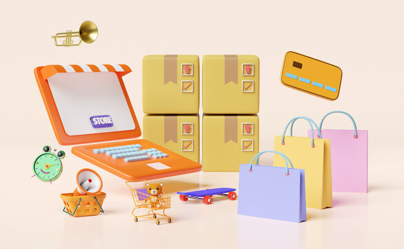 orange computer monitor with store front,cart,paper bags,goods cardboard box,credit card,megaphone,balloon,alarm clock isolated on pink.online shopping,search data concept,3d illustration or 3d render