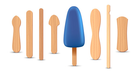 Set of realistic popsicle sticks. Blue ice cream 3D. Vector illustration, summer season.